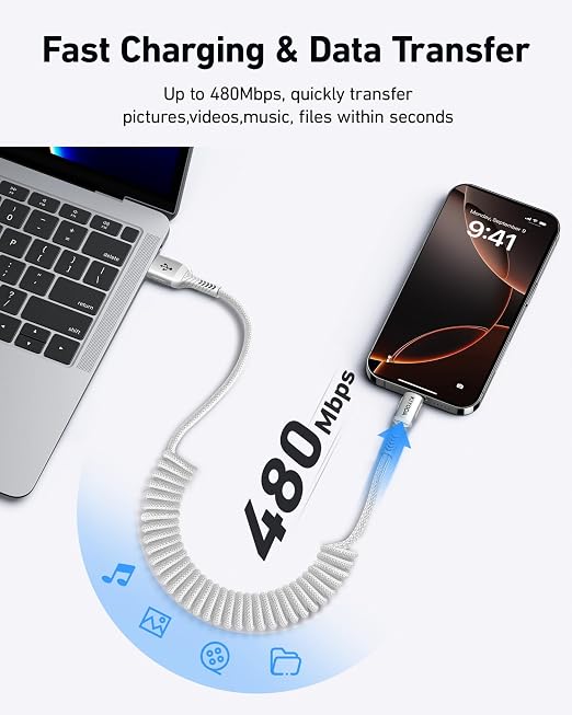 Coiled USB to USB C Cable for Car 3FT/6FT, USBC Cables Fast Charging Braided - Image 6