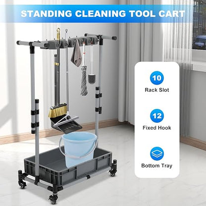 Broom and Mop Holder Freestanding Mobile Cleaning Tool Storage Rack, Floor - Image 3