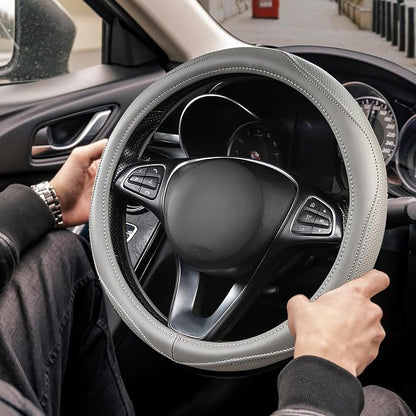 High-Grade Gray Genuine Leather Steering Wheel Cover - Image 2