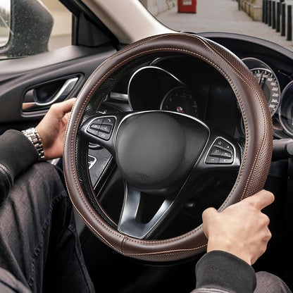 High-Grade Brown Genuine Leather Steering Wheel Cover - Image 2