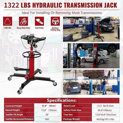 Transmission Jack with 1 Stage Hydraulic Ram, 1322 LBS Hydraulic Telescoping - Image 3