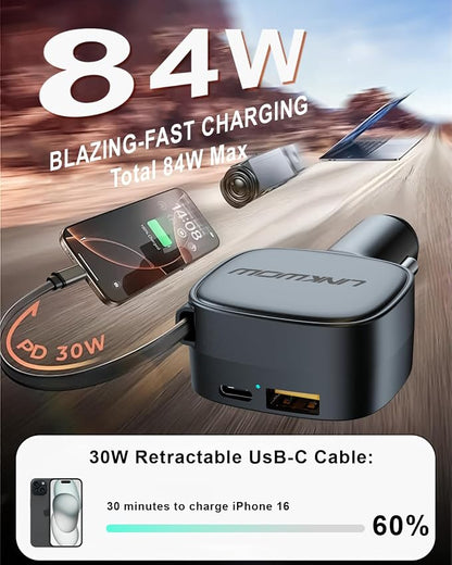 Retractable Car Charger USB C, 84W Max, Ultra-Compact, Type-C Fast Charger - Image 2