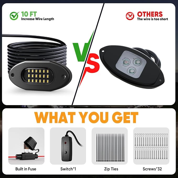 Honalia White LED Rock Lights Kits 8 Pods, 6000K Pure White Rock Lights - Image 4