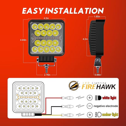 Firehawk LED Light Pods Bar 4 Inch 30000LM 60W Square Spot Flood Amber White - Image 6