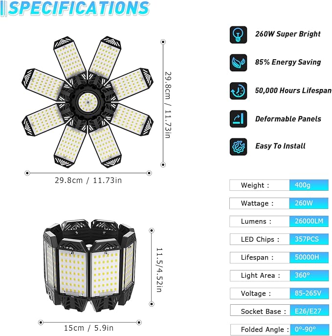 ISKYDRAW LED Garage Lights 2 Pack, 260W 26000LM Bright Shop Light - Image 6