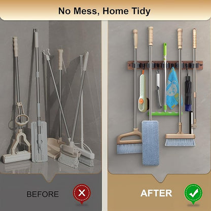 Broom Holder Wall Mount With 5 Slots & 4 Hooks，Rustic Wood Broom & Mop - Image 6