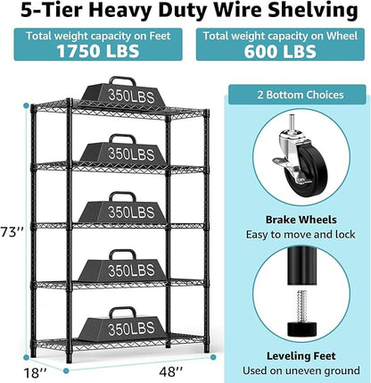 5-Shelf Storage Shelves, Wire Shelving Heavy Duty Metal Storage Shelving Unit - Image 3