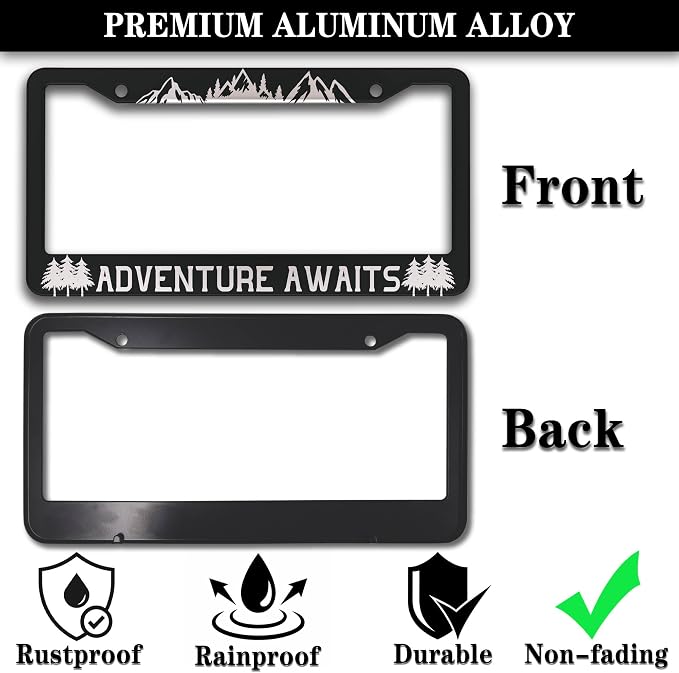 License Plate Frames Black and White License Plate Frame Adventure Awaits - Image 3