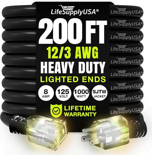 200ft Outdoor/Indoor Extension Cord 12/3 Gauge Extra Heavy Duty 3 Prong SJTW by LifeSupplyUSA