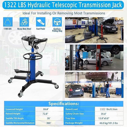 Transmission Jack with 1 Stage Hydraulic Ram, 1322 LBS Hydraulic Telescoping - Image 3