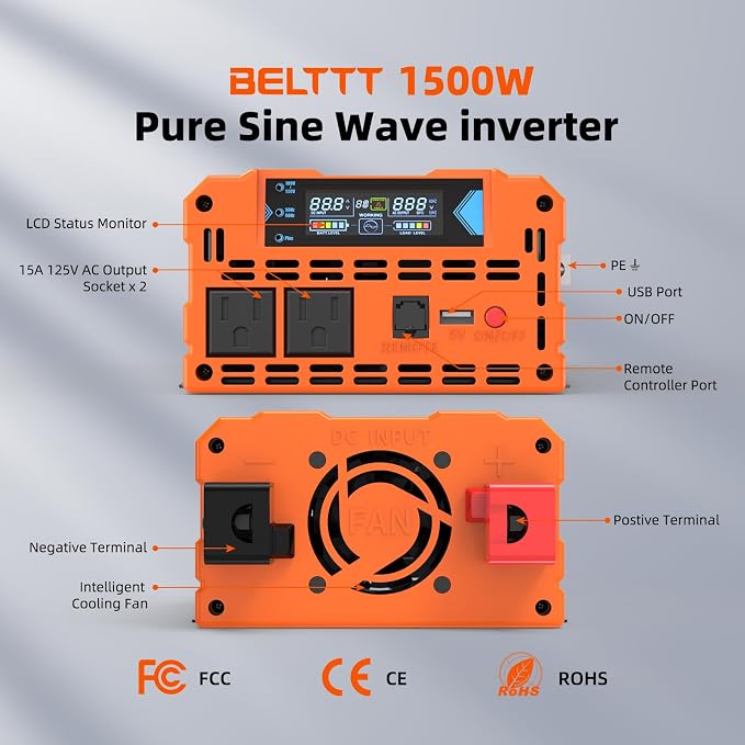 BELTTT 1500W Pure Sine Wave Inverter 12V to 120V AC, Car Power Inverter 12V to - Image 6