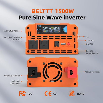 BELTTT 1500W Pure Sine Wave Inverter 12V to 120V AC, Car Power Inverter 12V to - Image 6