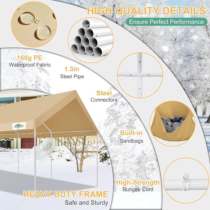 COBIZI Carport 12x20ft Heavy Duty Portable Garage, 2.0 Powder Coated Frame - Image 4