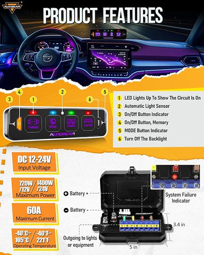 Auxbeam 4 Gang Slim Switch Panel RGB AS-R40 Toggle Momentary Pulsed Dimmable - Image 3