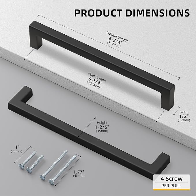 goldenwarm 45 Pack 6-1/4INCH Black Square Bar Cabinet Pull Drawer Handle - Image 2