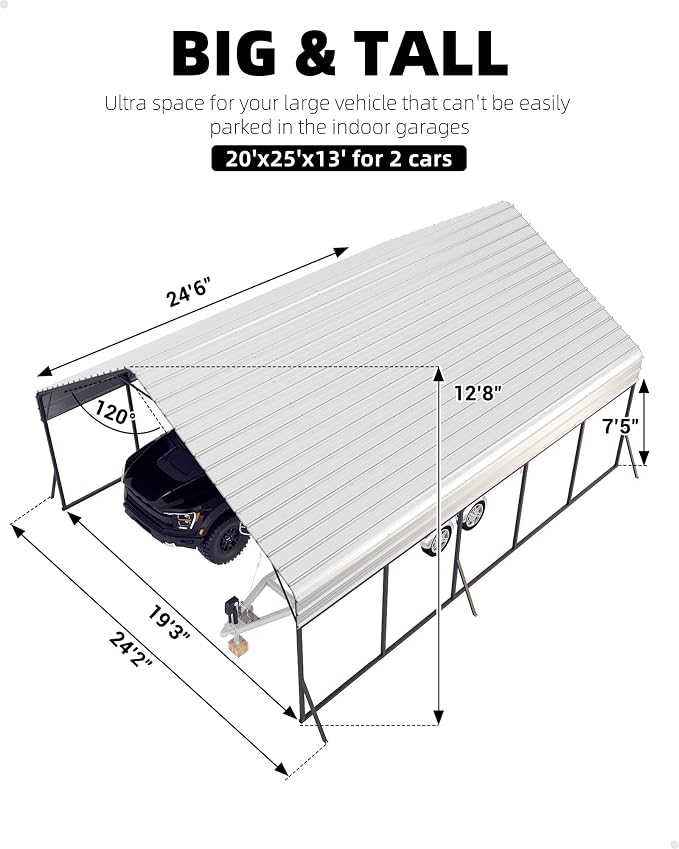 20'x25'x13' Metal Carport for 2 Cars, Heavy Duty Car Ports for Heavy Snow - Image 2
