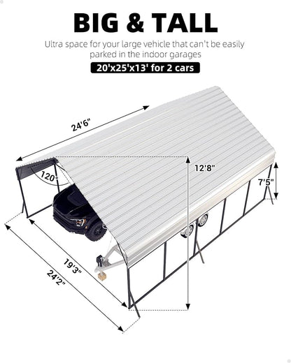 20'x25'x13' Metal Carport for 2 Cars, Heavy Duty Car Ports for Heavy Snow - Image 2