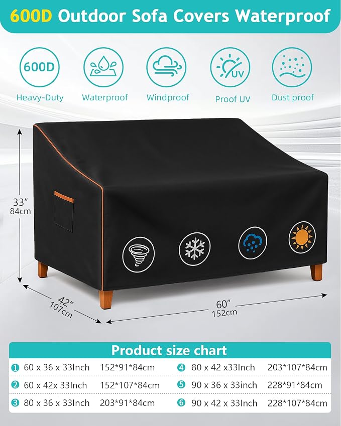 Outdoor Sofa Cover, Waterproof Patio Furniture Cover 60W x 42D x 33H inches - Image 3