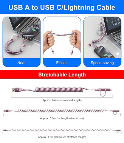 USB to USB C and Lightning Pink Car Charger Cable - Image 7