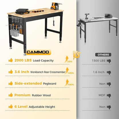 48" Adjustable Heavy Duty Workbench, 2000 LBS Load Capacity Rubber Wood Work - Image 2