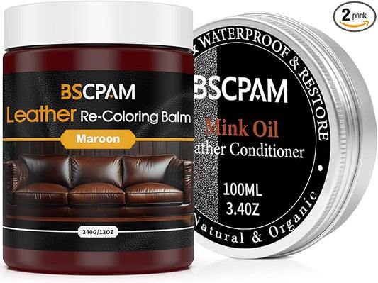 12oz Leather Recoloring Balm & 3.4oz Mink Oil Leather Conditioner kit, Maroon by BSCPAM