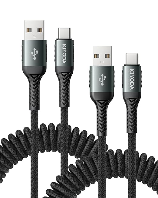 USB C Cable Coiled 6FT 2Pack, Braided USB A to Type C Charger Cable by KIYODA