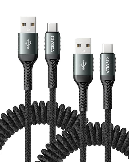 USB C Cable Coiled 6FT 2Pack, Braided USB A to Type C Charger Cable by KIYODA