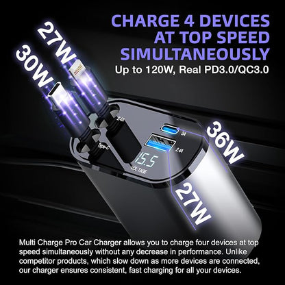Multi Charge Pro iPhone Car Charger Fast Charging Retractable Car Charger USB C - Image 2