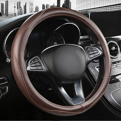 High-Grade Brown Genuine Leather Steering Wheel Cover by PJBTVZ