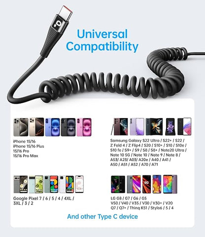 USB C to C Cable 100W 3FT for Car, Coiled USB C Cable Fast Charging for iPhone - Image 7