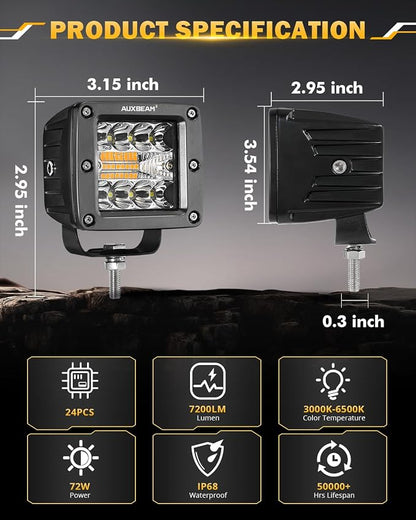 Auxbeam LED Pods 3 Inch 72W Amber Fog Light, 6 Modes Strobe Cube Pod Light Bar - Image 5