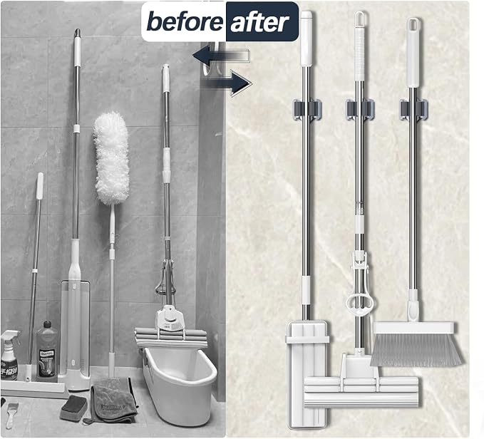 3-H 4 Pack Mop and Broom Holder Big Size Hanging 1 KG Extra, Broom Holder Wall - Image 6