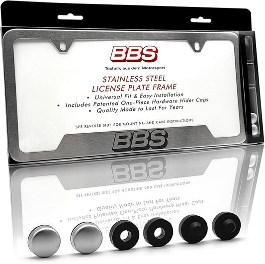 BBS Official Brushed Chrome Stainless Steel License Plate Frame – Made in USA – by MegaRacer