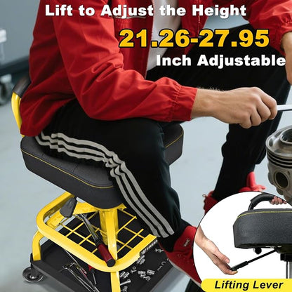 Rolling Shop Stool with Wheels, Garage Mechanic Shop Chair with Handle Backrest - Image 3