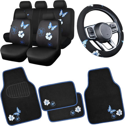 CAR PASS Blue Butterfly Car Seat Covers Full Set, Embroidered Flower Waterproof by CARPASS