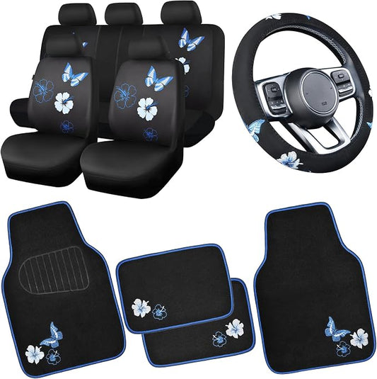 CAR PASS Blue Butterfly Car Seat Covers Full Set, Embroidered Flower Waterproof by CARPASS