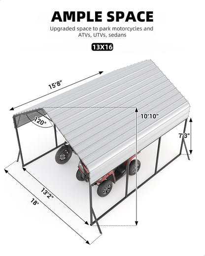 13 x 21 FT Metal Carport, Heavy Duty Carports Reinforced Frame and Steel Roof - Image 5