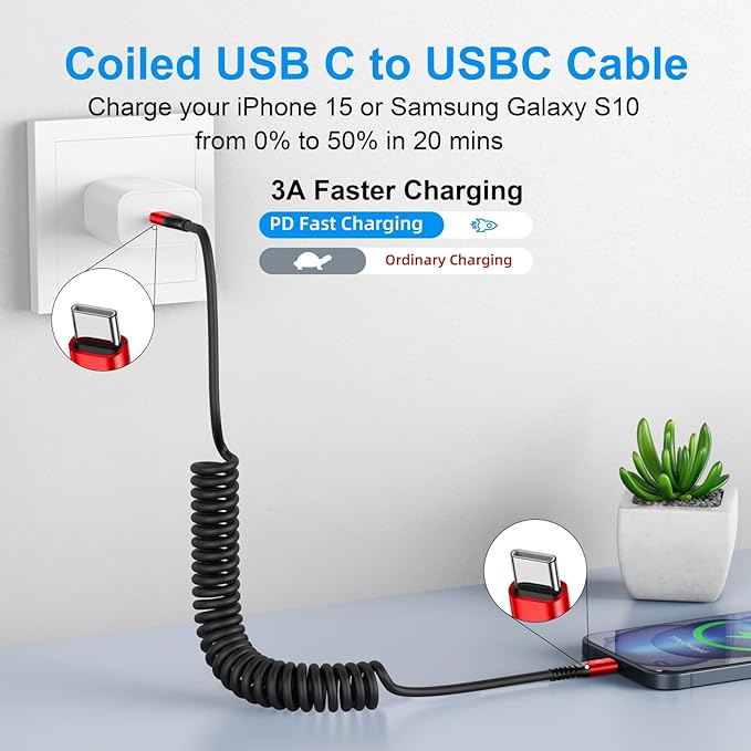 Coiled USB C Cable for Car 3FT & 6FT, USB C to USB C Fast Charging Cable USB - Image 2