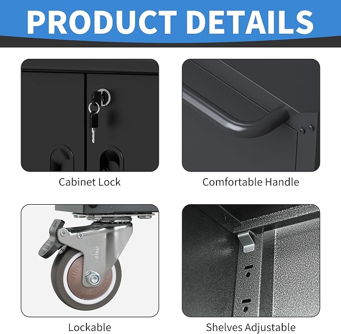 Metal Storage Cabinet with Wheels, Lockable Garage Cabinet with Doors and - Image 4