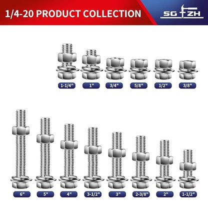 1/4-20 x 5" Hex Head Screw Bolt, Flat & Lock Washers, Fully Threaded, by SG TZH - Image 3