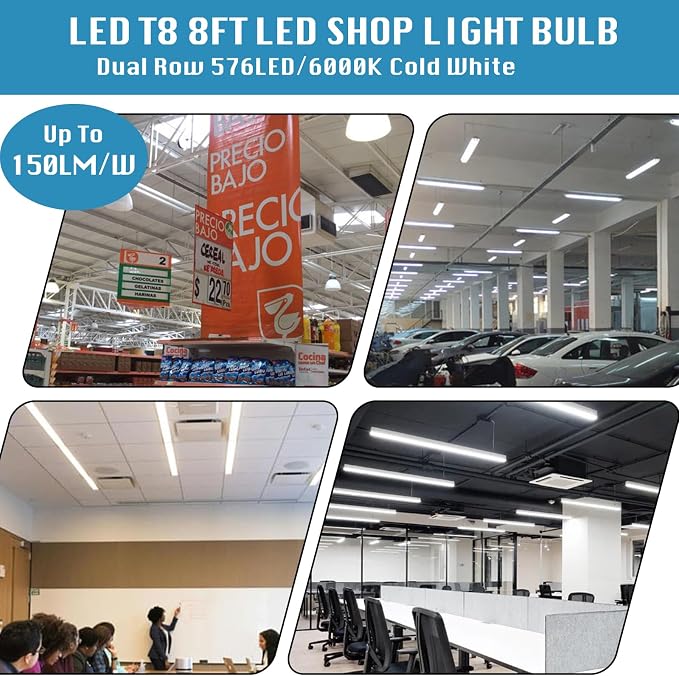 4-Pack, 8 Foot LED Bulbs, 100W 15000lm 6000K Cold White, Super Bright, T8 T10 - Image 5