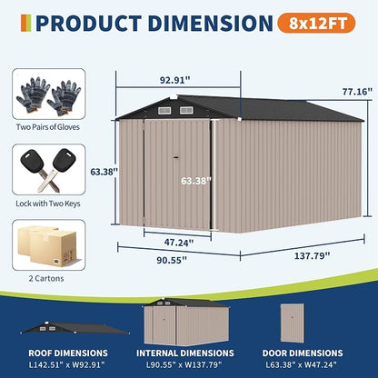 8x12x6.4 FT Outdoor Storage Sheds, Metal Garden Tool Shed - Image 2