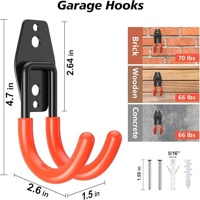 8 Pack 4.7x2.6 inch J Heavy Duty Garage Hooks, Solid Steel Wall Mount Hangers - Image 2
