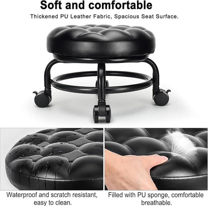 Low Height Rolling Stool Roller Stool PU Leather Comfortable Seat 360°Swivel - Image 3