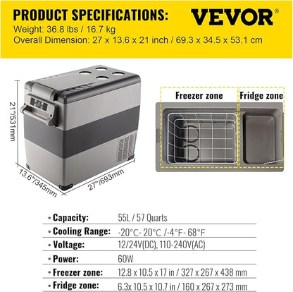VEVOR CF55 12 Volt 58 Qt Refrigerator, Dual Zone Portable Compressor 12/24V DC - Image 7