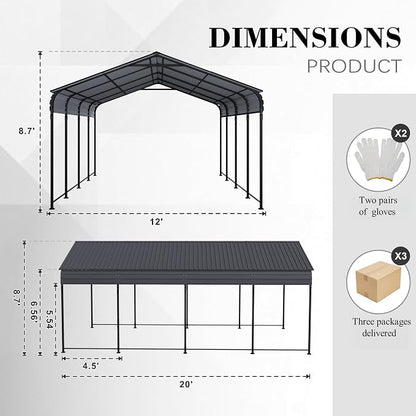 12x20x8.7 FT Carport with Galvanized Steel Roof, Heavy Duty Metal Carport Canopy - Image 8