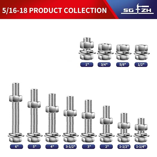 5/16-18 x 1" Hex Head Screw Bolt, Flat & Lock Washers, Fully Threaded, by SG TZH - Image 3