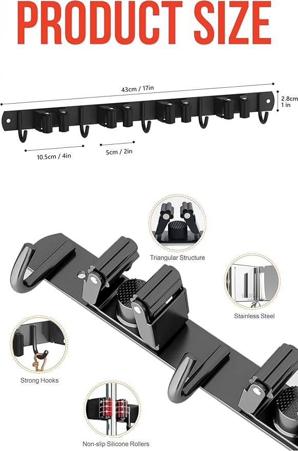 2 Pack Mop and Broom Holder Wall Mount, Upgraded Broom Hanger Wall Mount - Image 4