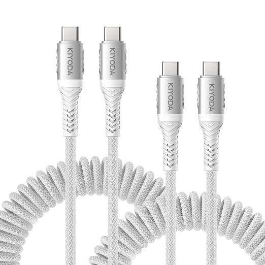 USB C to C Cable 6ft for Car, Coiled Braided USB Type C Cable 66W Fast Charging by KIYODA