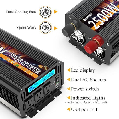 2500W Power Inverter 12V DC to AC 110V/120V 5000W Converter 3 sockets car - Image 5